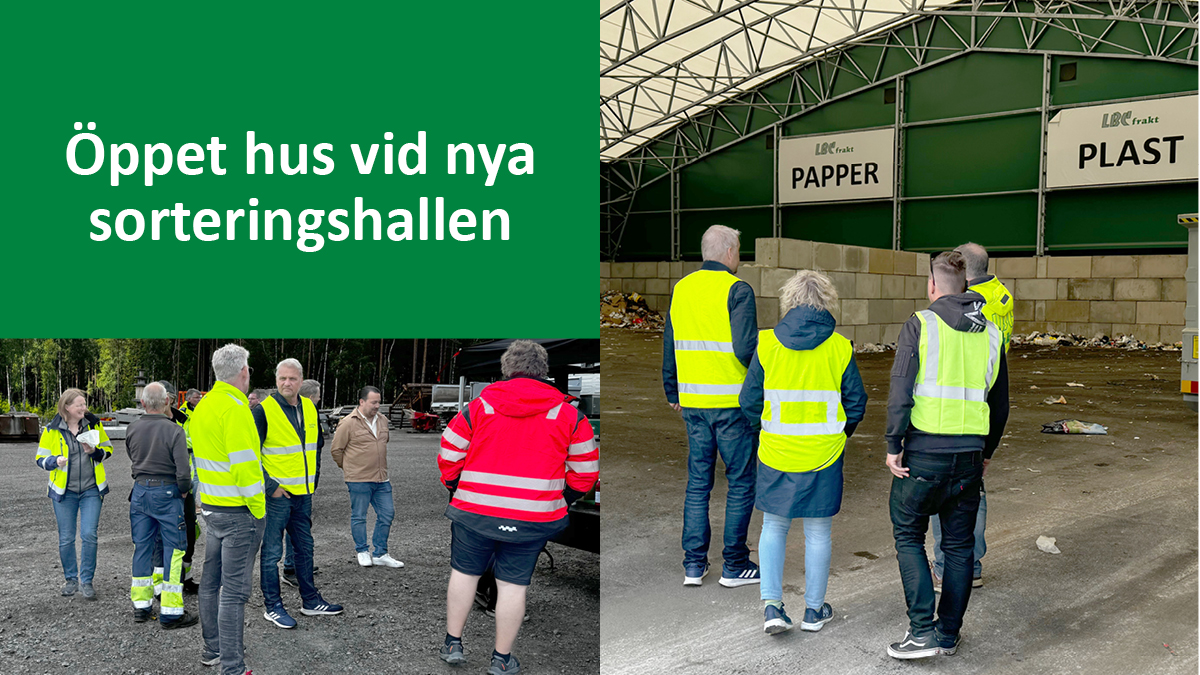 Personer i varselkläder tittar på sorteringshallen där det finns en avdelning för papper och en avdelning för plast.