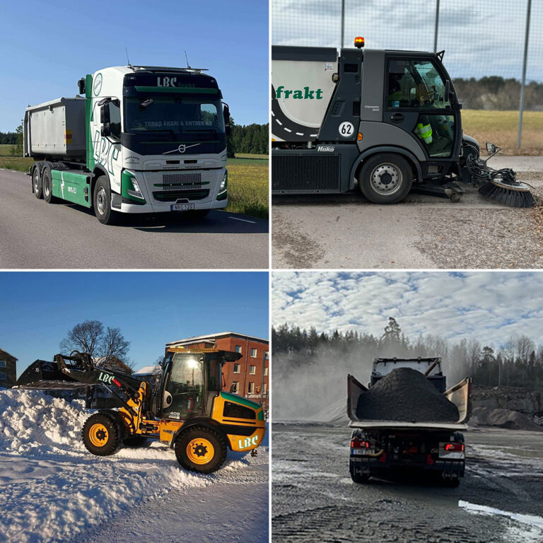 Boka transport inom Bygg, anläggning och miljö - LBC Frakt. Bilden visar en lastbil med container, en sopmaskin, en hjullastare som röjer snö, en lastbil i bergtäkt med grus.