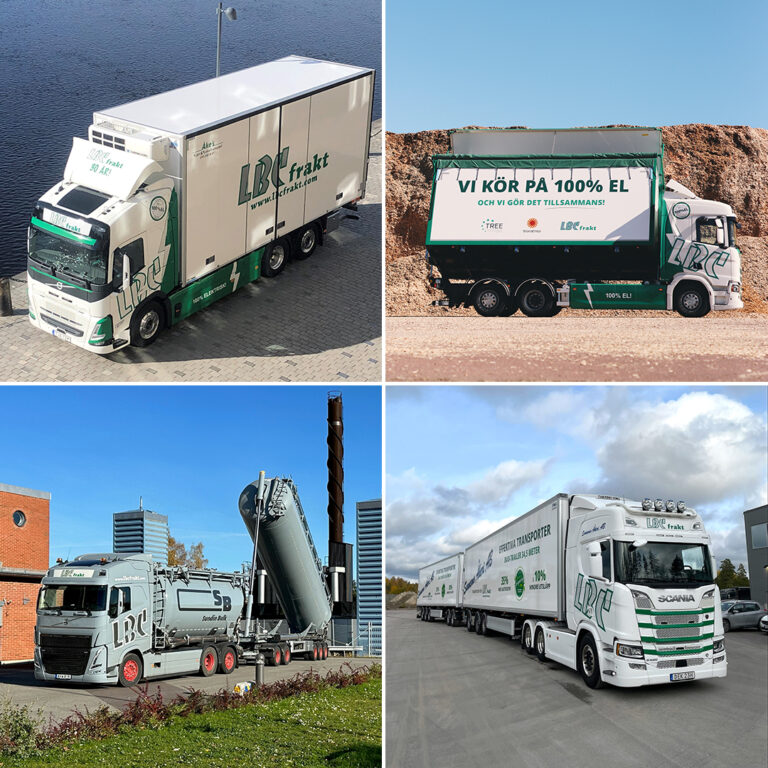 Boka transport på logistikavdelningen- LBC Frakt. Bild på fyra olikaa lastbilar: distribution, flis, fjärr och bulk.