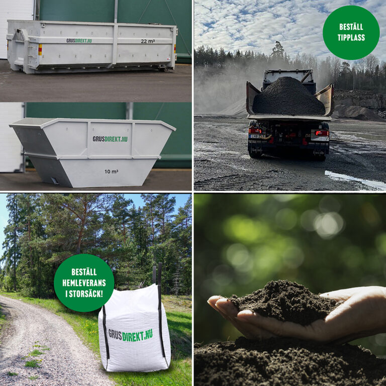 Fyra bilder som illustrerar produkter och tjänster - LBC Frakt. Container/flak, en grusbil sedd bakifrån med 15 ton grus på flaket, en storsäck -Grusdirekt på en landsväg, en hand som håller i jord.