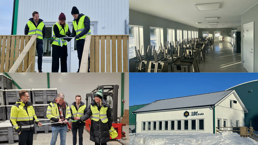 Fyra bilder i en bild. Uppe till höger Anders Lööf VD, LBC Frakt klipper bandet till chaufförshuset tillsammasn med kommunpolitiker. Uppe till vänster insidan av chaufförshuset med matsal, varuautomat, microvågsugnar och källsortering. Nere till vänster utsidan på chaufförshuset. Nere till höger Lars Reinholdson tillsammans med Anders Lööf klipper bandet för invigning av ABP-tvätten.