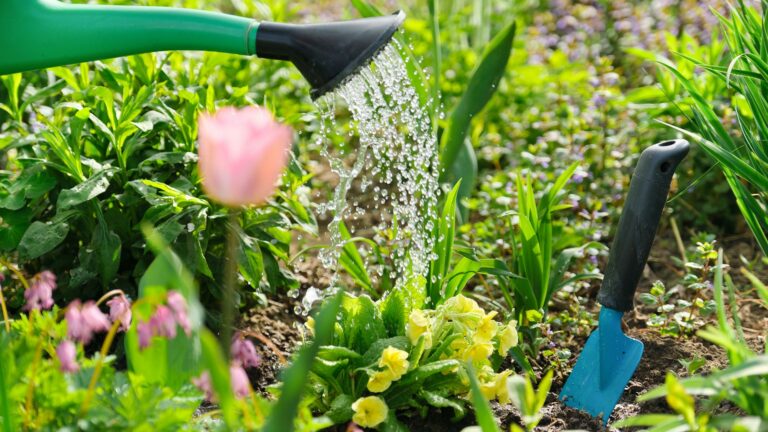 En blomrabatt som blir vattnad med vattenkanna. I rabatten finns ockås en trädgårdsspade.